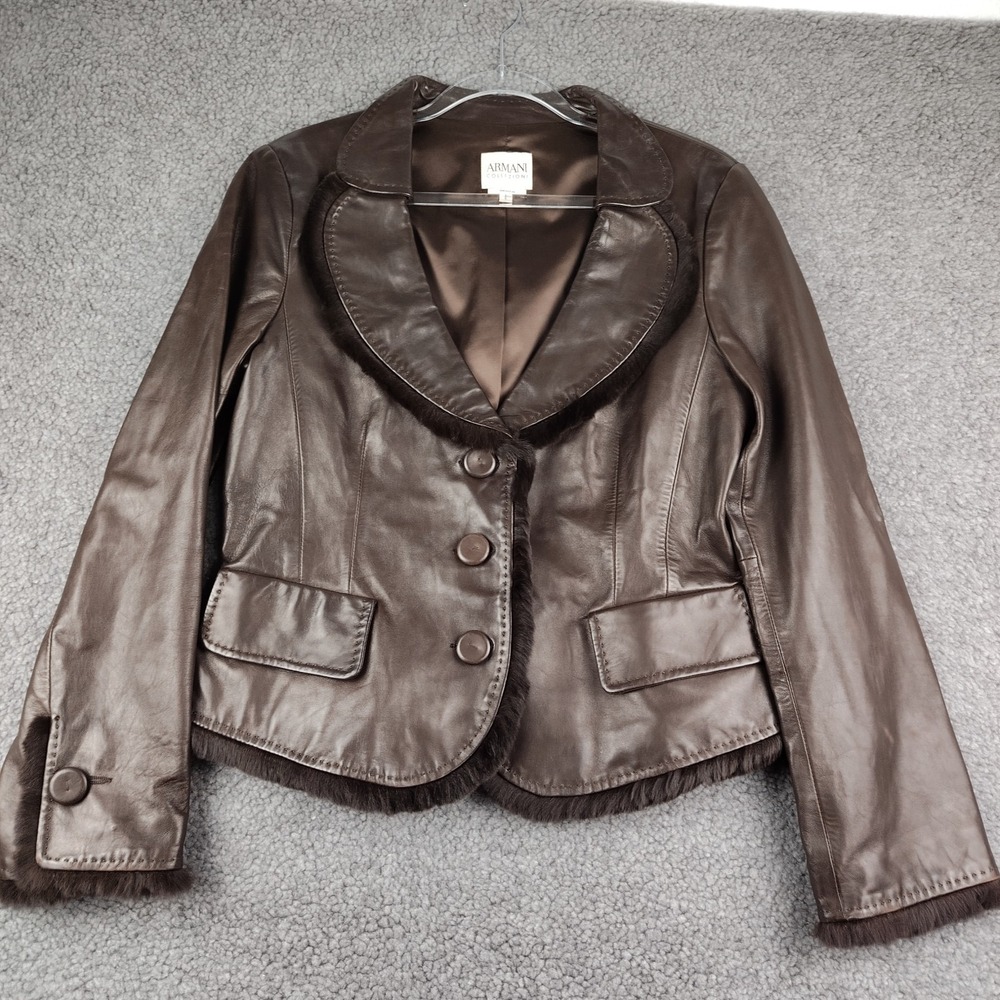 Armani Collezioni Vera Pelle Brown Leather Jacket Fur Fringe Cropped Size 8